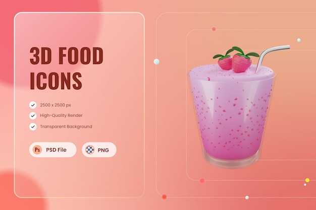 3D Icon Illustration Strawberry Smoothies Milkshakes