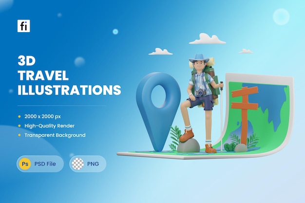 3D Icon illustration of a woman standing on a map