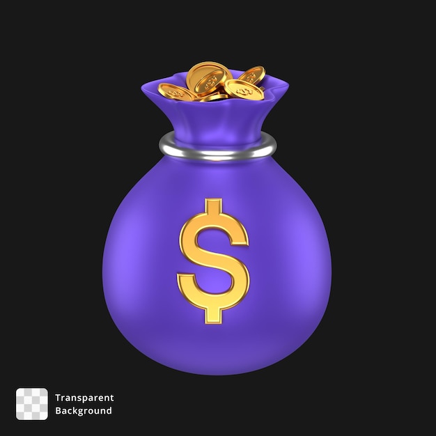 3d icon of a purple coin sack with golden dollar sign and gold coins