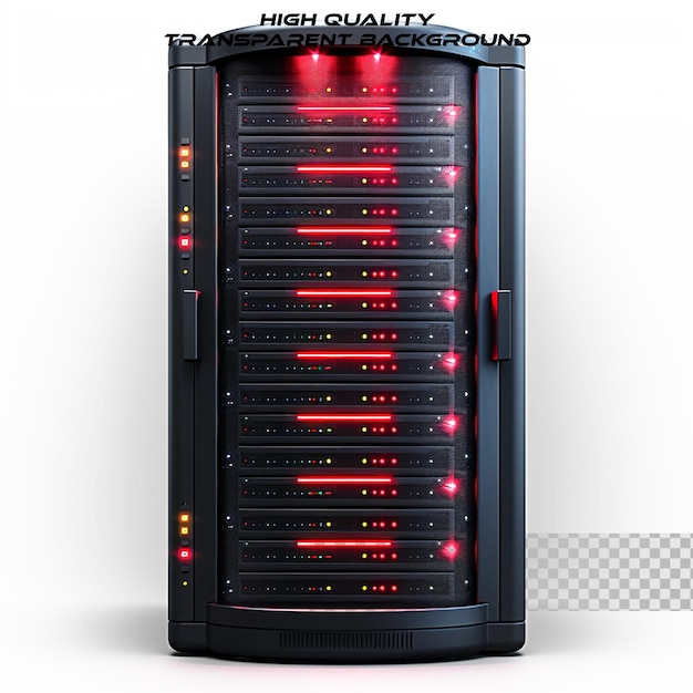 A 3D icon of a server rack with multiple server units on transparent background