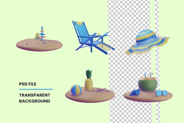 3D icon summer collection rendered isolated on the white background