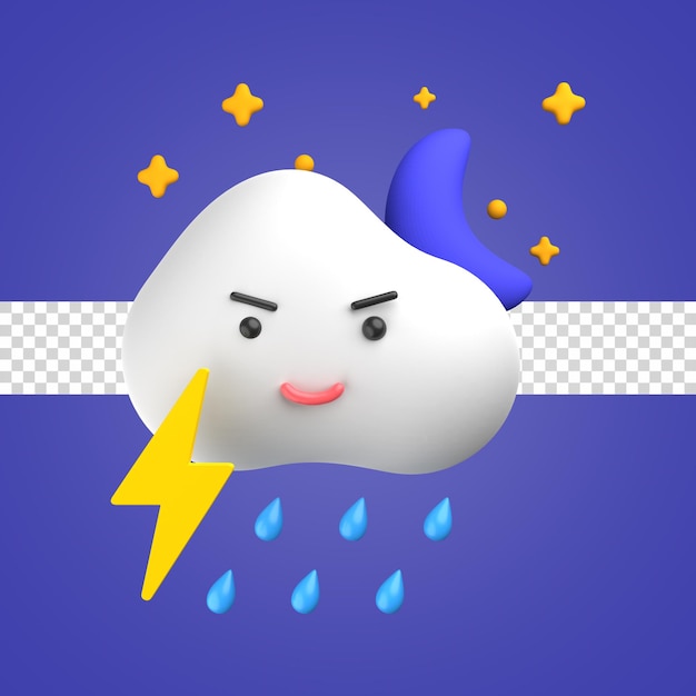 3d icon weather night rain thunderstrom emoticon smile