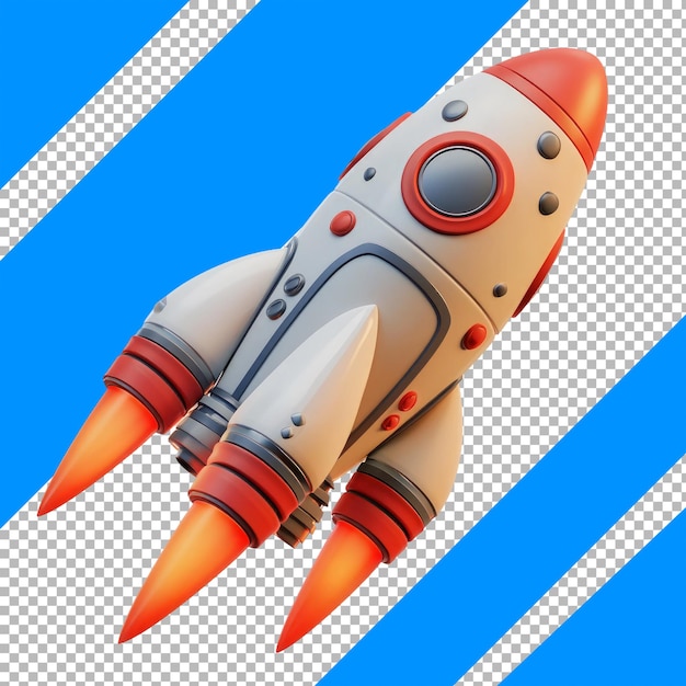 PSD 3d illustrated retro rocket launching on transparent background