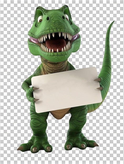 PSD 3d illustration amusing green trex holding blank board cartoon