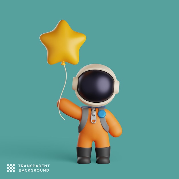 3d illustration of an astronaut holding a yellow star balloon. cute character