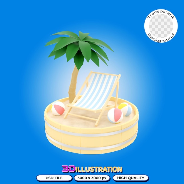 3D illustration of a beach chair umbrella and coconut tree on a sand podium