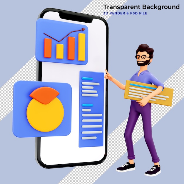 3D illustration of bearded man making a dashboard and interacting with graphs