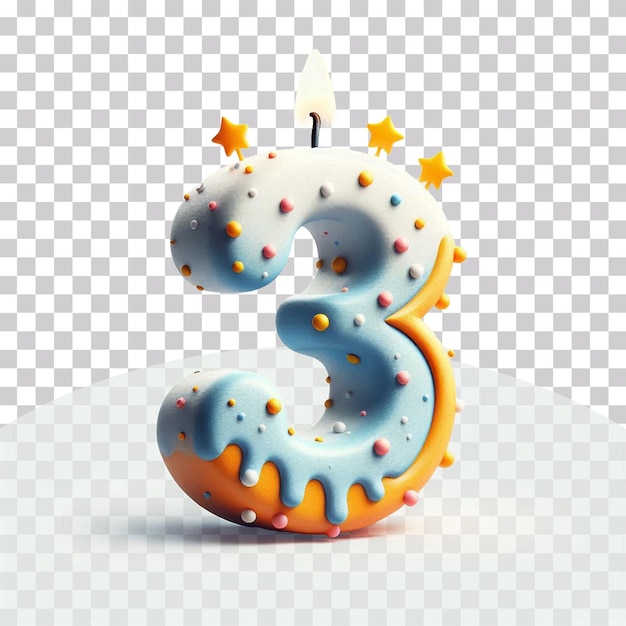 PSD 3d illustration of a birthday candle in number three shape isolated on a transparent background