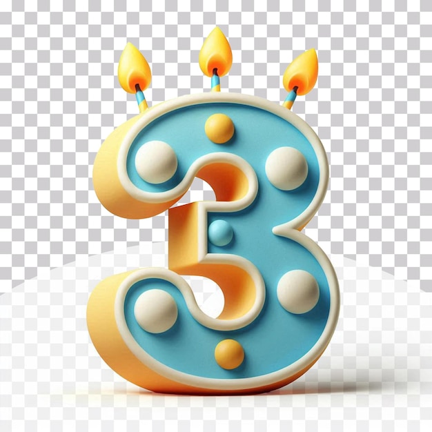 PSD 3d illustration of a birthday candle in number three shape isolated on a transparent background