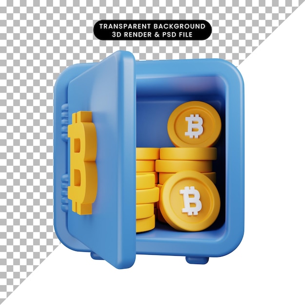 3d illustration bitcoin icon opened safe 3d render style