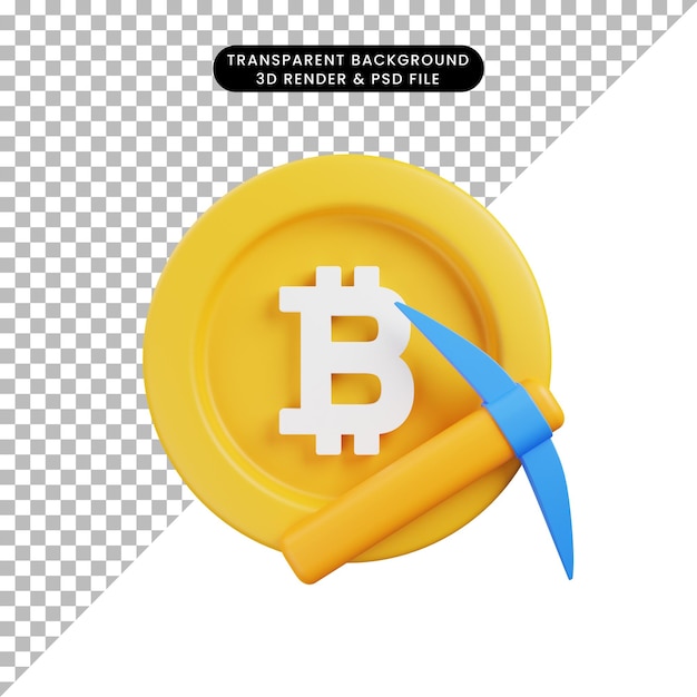 3d illustration bitcoin icon with pickaxe 3d render style