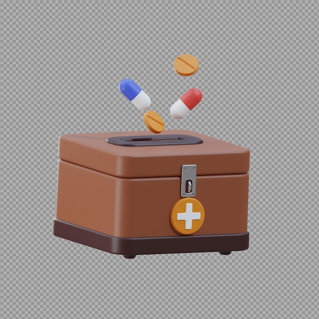 3D illustration of a box of pills with a red hospital sign on it in transparent background