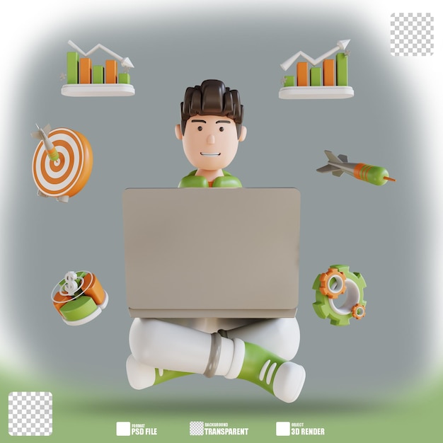 3D illustration business man sitting with laptop appearance 2