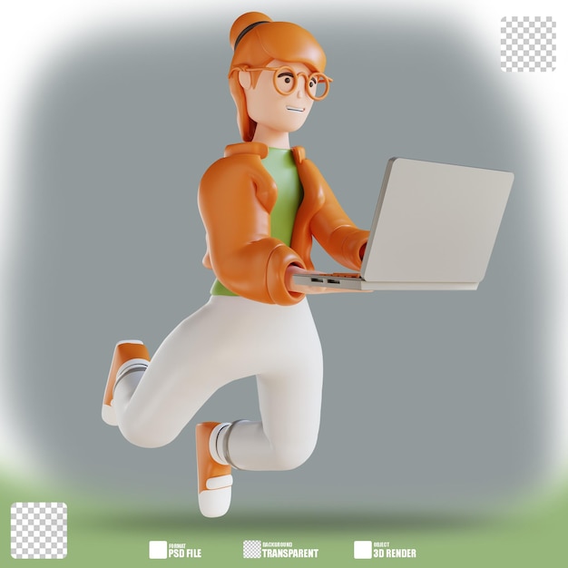 3D illustration business woman flying holding laptop 2