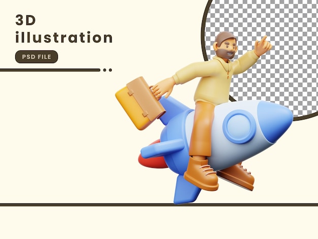 3d illustration of businessman flying on business rocket