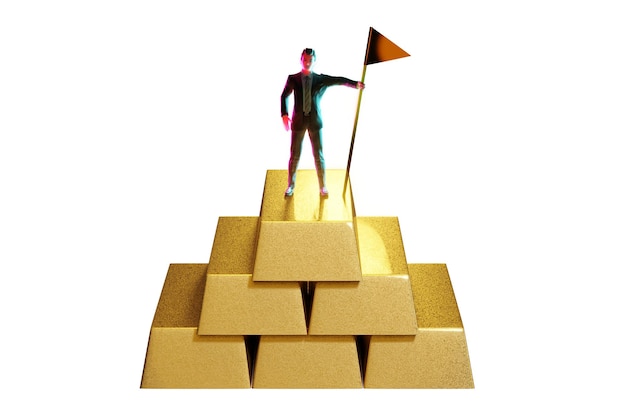 3D Illustration Businessman is introducing a investment as a stack gold bar and red arrow graph with looking to future for new leader the business opportunity in the public park Planning concept