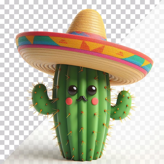 PSD 3d illustration of a cactus wearing a mexican hat in cartoon style on a transparent background