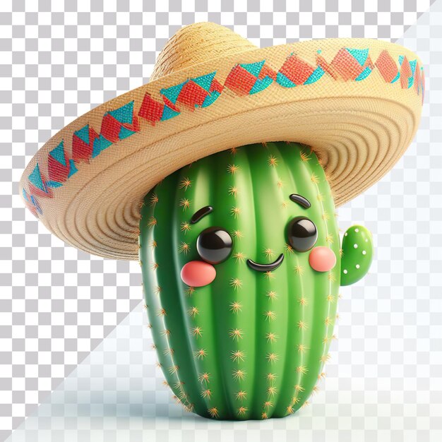 PSD 3d illustration of a cactus wearing a mexican hat in cartoon style on a transparent background