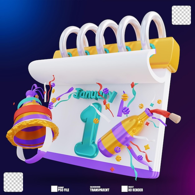 3d illustration calendar hat and bottle 3