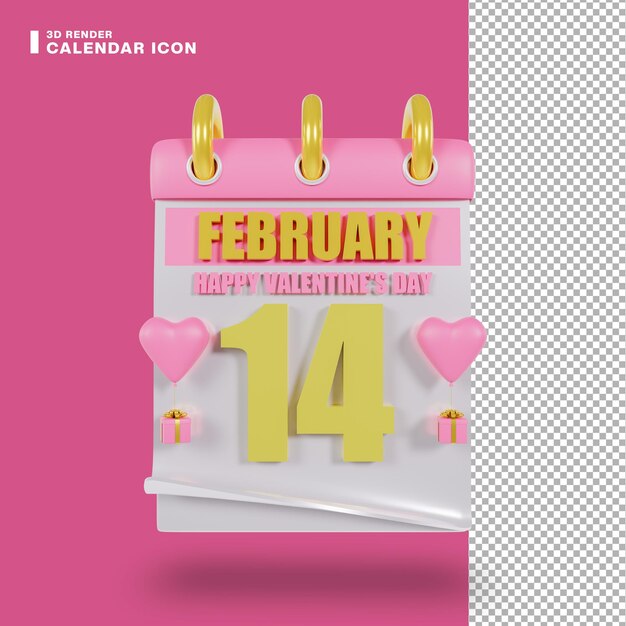 3d illustration calendar icon for happy valentine's day