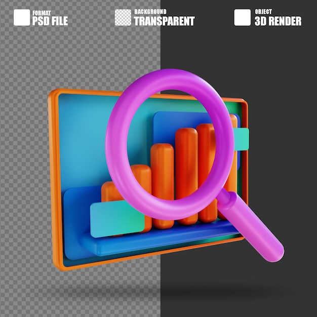 3D illustration candle chart and magnifying glass 3