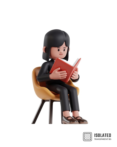 3d Illustration of Cartoon businesswoman sitting on a chair and reading a book