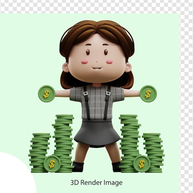 3d illustration cartoon character businesswoman with coin dollar