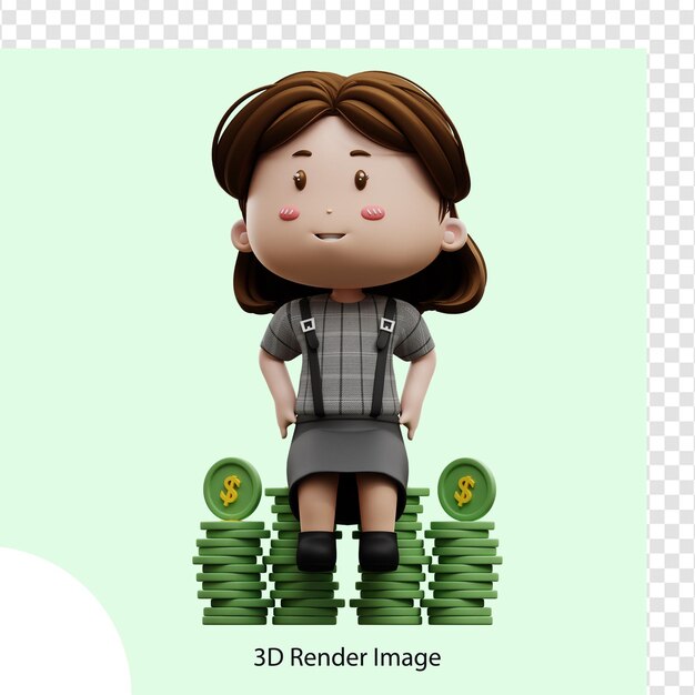 3d illustration cartoon character businesswoman with coin dollar