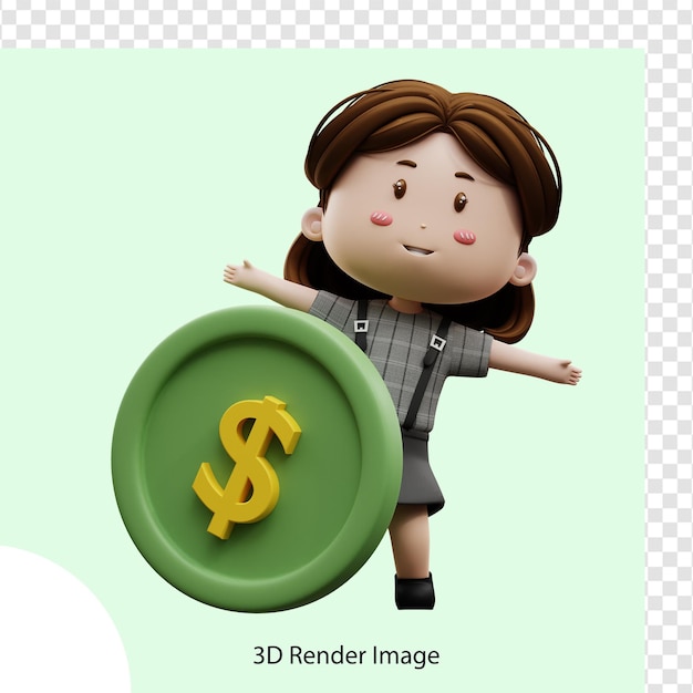 3d illustration cartoon character businesswoman with coin dollar