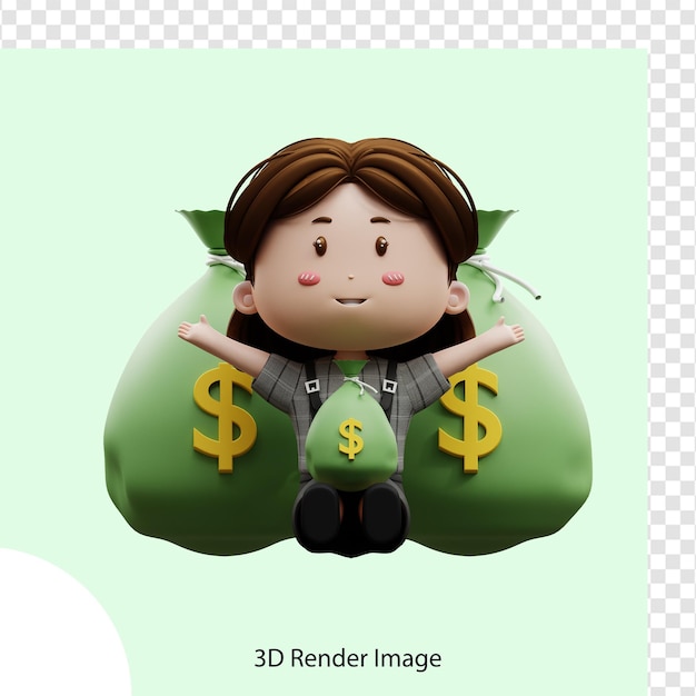 3d illustration cartoon character businesswoman with money bag