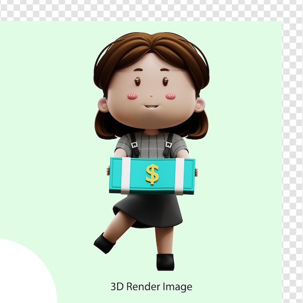 3d illustration cartoon character businesswoman with money dollar