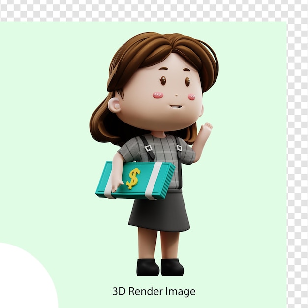 3d illustration cartoon character businesswoman with money dollar