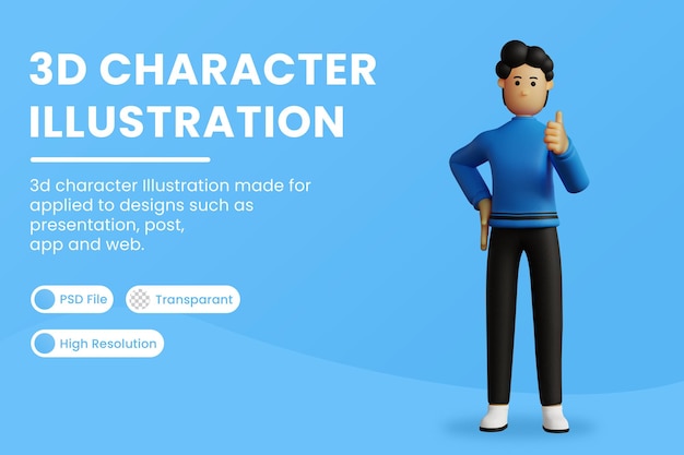 3d illustration cartoon character thumbs up 3d rendering Premium Psd