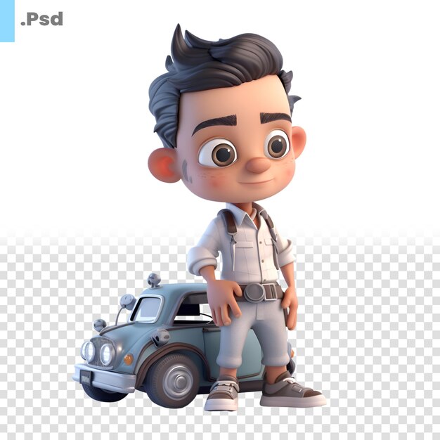 PSD 3d illustration of a cartoon character with a car isolated white background psd template