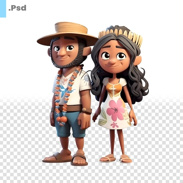 3D illustration of a cartoon couple wearing native american clothes PSD template