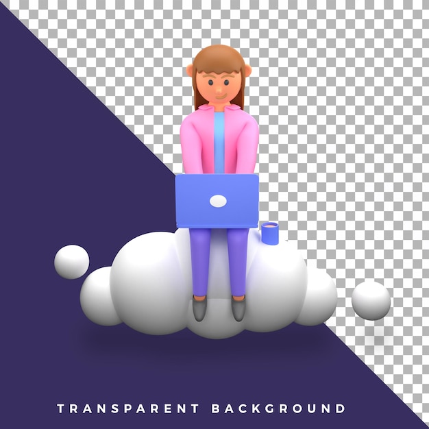 3d illustration character cute female girl working using laptop isolated high quality