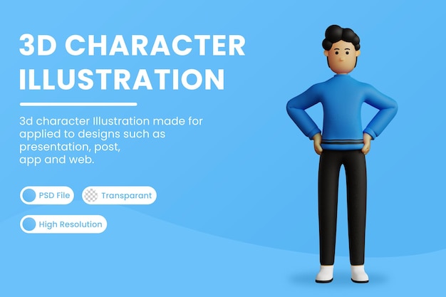 3d illustration character standing with hands on hips 3d rendering Premium Psd