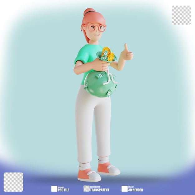 3D illustration character woman hand holding money bag 4