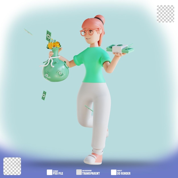 3D illustration character woman hand holding money bag and money flow 2