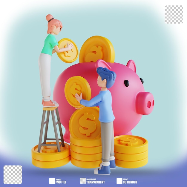 3D illustration character woman and man piggy bank 2