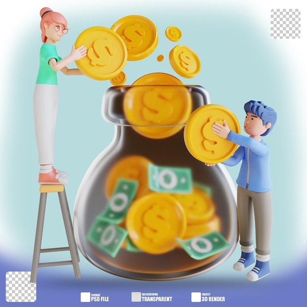 3D illustration character woman and man saving money 2