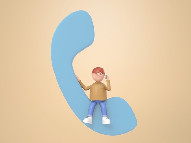 3D illustration character of young man in glasses sitting talking on mobile phone on blue telephone symbol in communication concept rendering