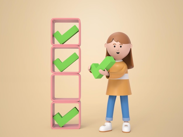 3d illustration character young woman holding right mark standing nearby a giant marked checklist success concept rendering