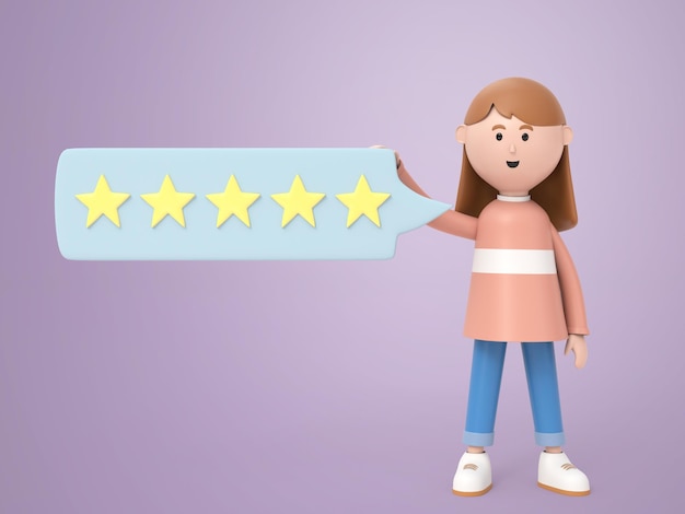 PSD 3d illustration character young woman standing with speech bubble five star rating symbol rendering