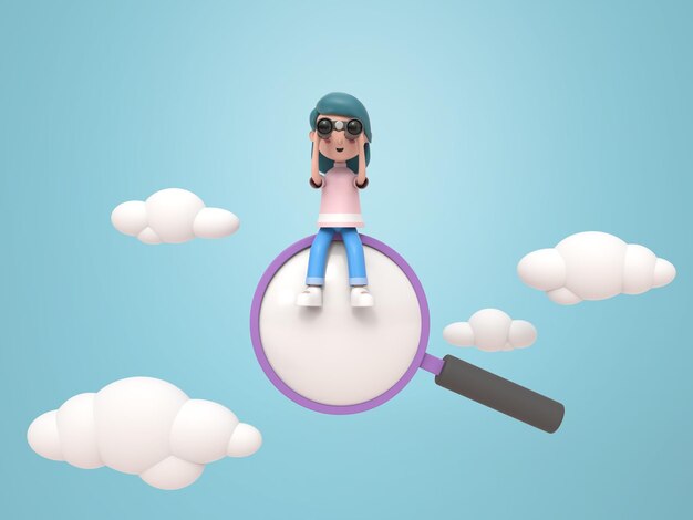 PSD 3d illustration character young woman using binoculars sit on a magnifying glass floating in the cloudy sky rendering