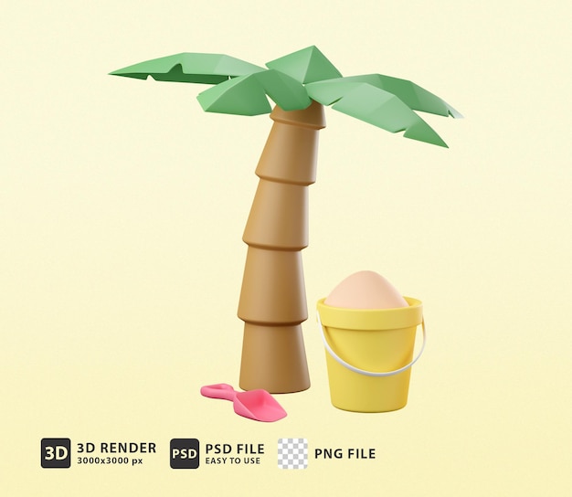 3d illustration coconut palm tree with sand bucket