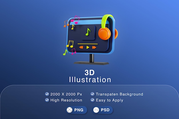 3D Illustration computer playing music with music notes and headphone, earphone