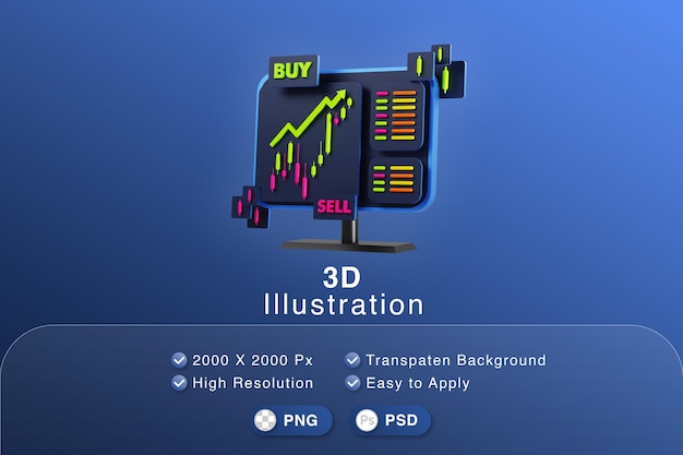 3D Illustration computer with trading task or investation, red buy green sell for business profit