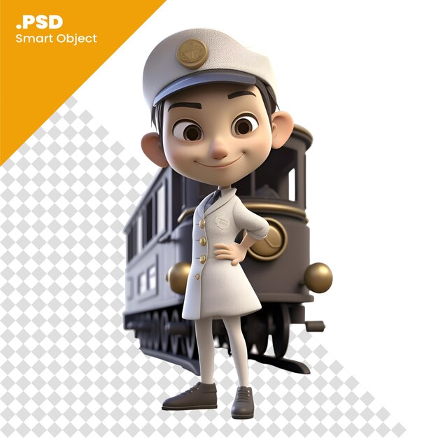 3d illustration of a cute cartoon character with a train on a white background PSD template