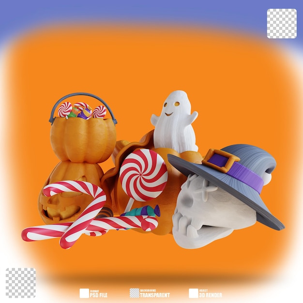 3d illustration cute ghost pumpkin candy and skull